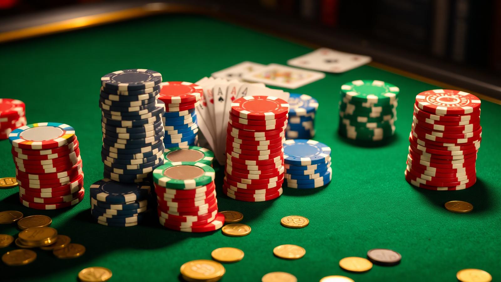 Casinofiches en bonusmunten op een speeltafel